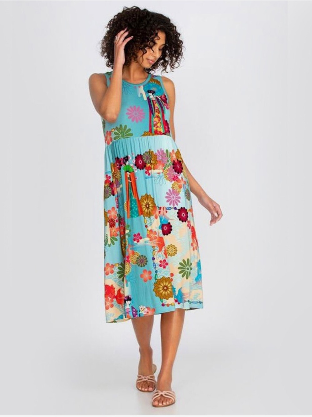Johnny Was Kingyo Sleeveless Aqua Floral Midi Dress Size: XXL
